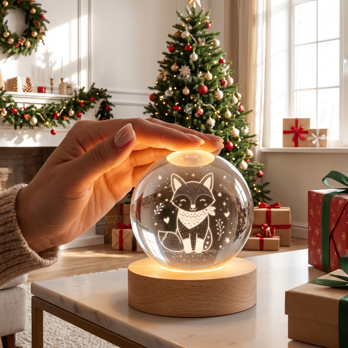 Custom Cute Winter Fox Scarf 3D Laser Engraved Crystal Ball with LED Wooden Standee, Personalized Name Holiday Night Light Keepsake