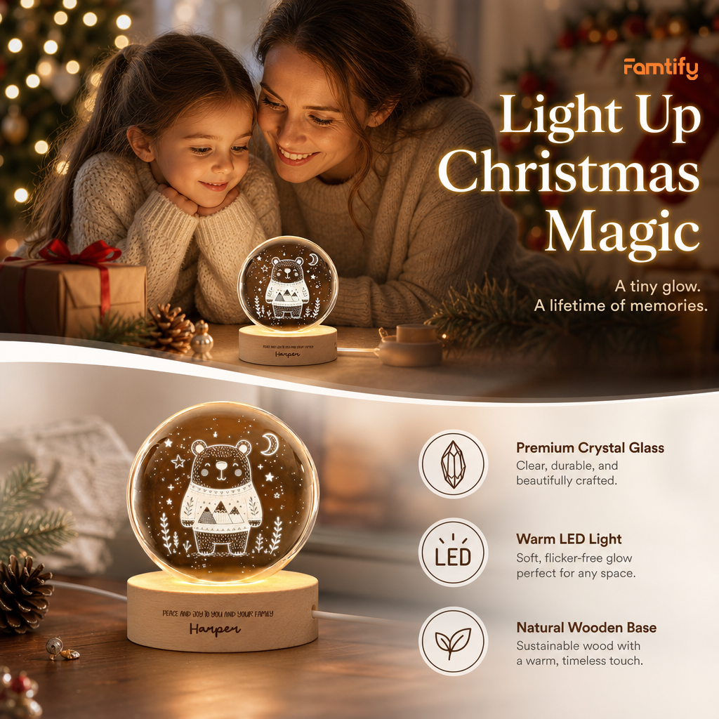 Custom Cute Winter Bear Mountain Sweater 3D Laser Engraved Crystal Ball with LED Wooden Standee, Personalized Name Holiday Night Light Keepsake