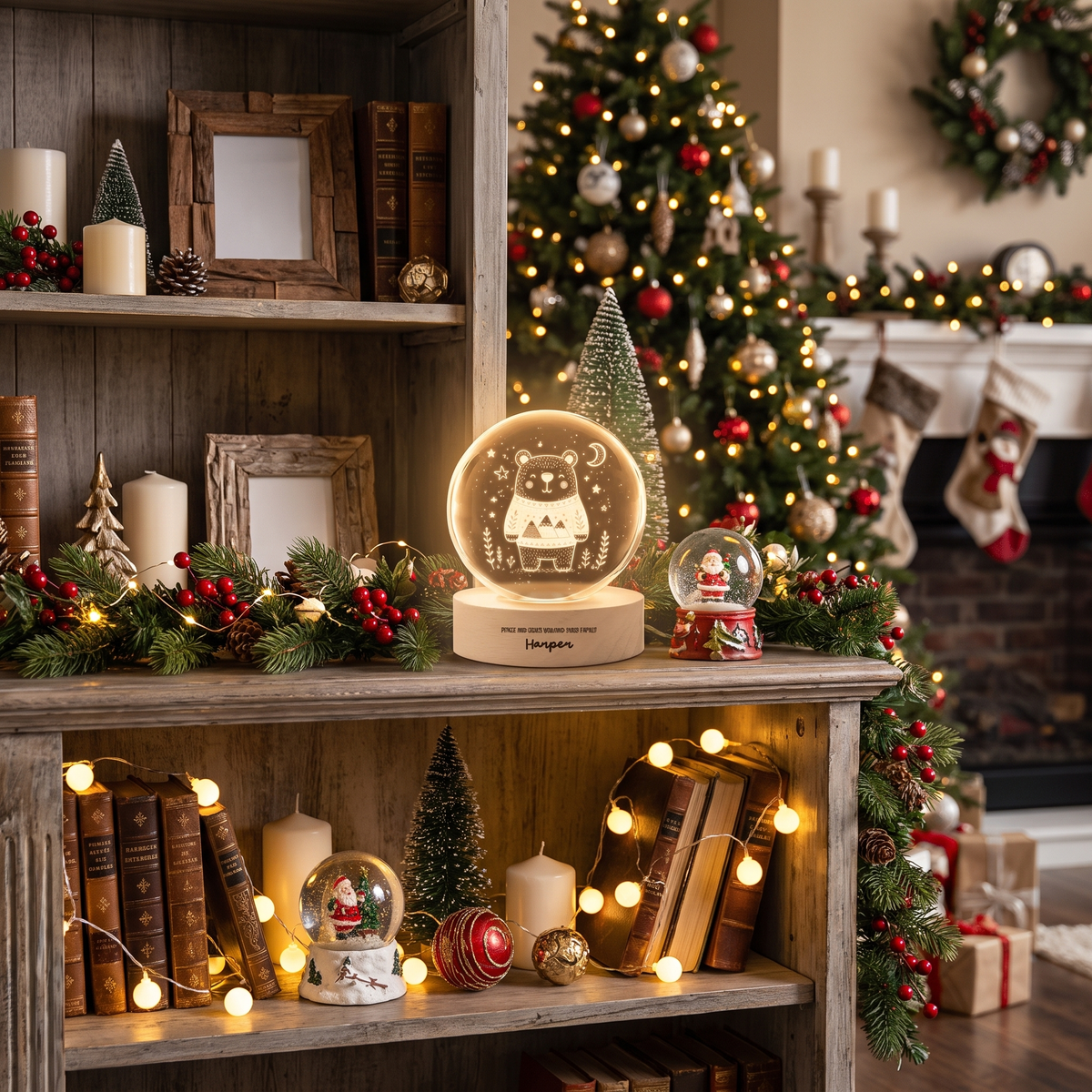 Custom Cute Winter Bear Mountain Sweater 3D Laser Engraved Crystal Ball with LED Wooden Standee, Personalized Name Holiday Night Light Keepsake