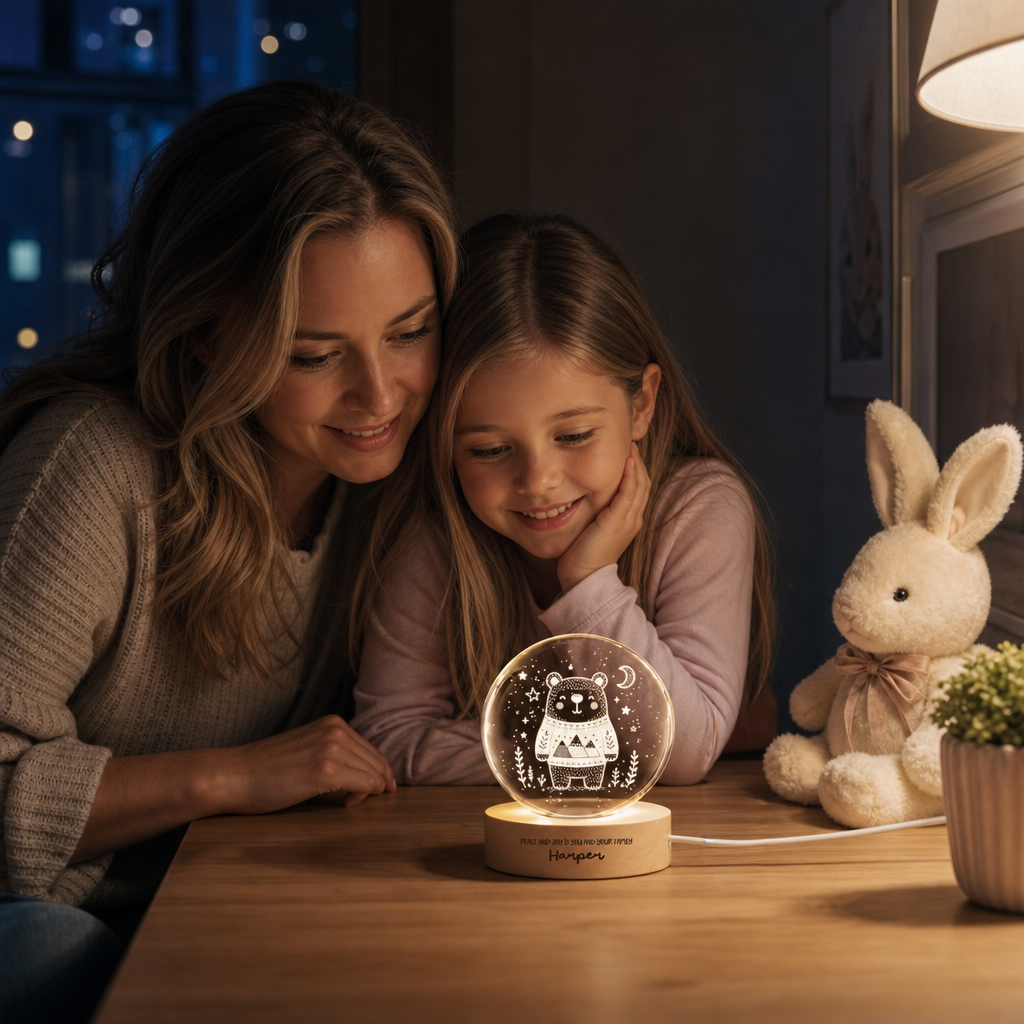 Custom Cute Winter Bear Mountain Sweater 3D Laser Engraved Crystal Ball with LED Wooden Standee, Personalized Name Holiday Night Light Keepsake