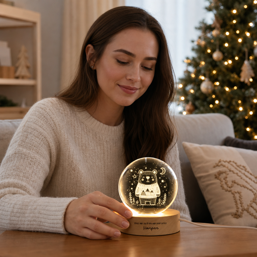 Custom Cute Winter Bear Mountain Sweater 3D Laser Engraved Crystal Ball with LED Wooden Standee, Personalized Name Holiday Night Light Keepsake