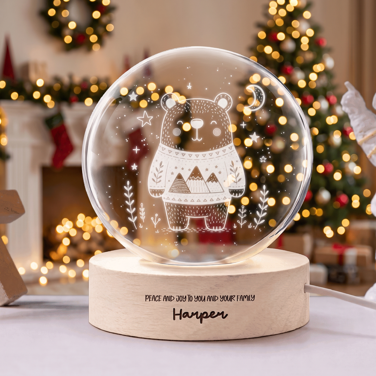 Custom Cute Winter Bear Mountain Sweater 3D Laser Engraved Crystal Ball with LED Wooden Standee, Personalized Name Holiday Night Light Keepsake