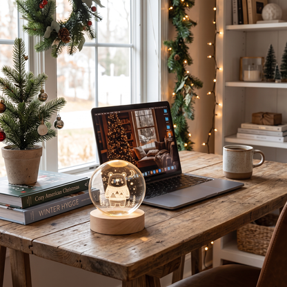 Custom Cute Winter Bear Mountain Sweater 3D Laser Engraved Crystal Ball with LED Wooden Standee, Personalized Name Holiday Night Light Keepsake