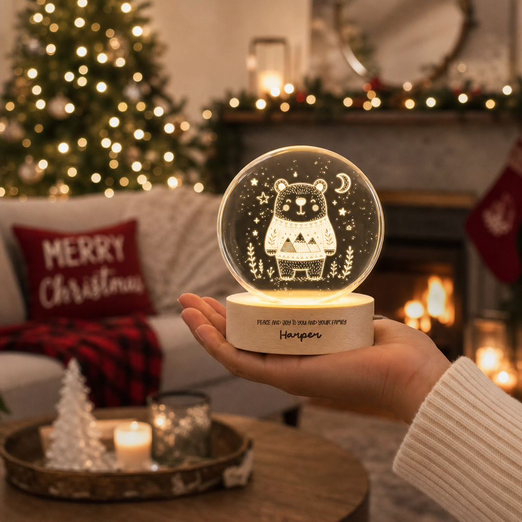 Custom Cute Winter Bear Mountain Sweater 3D Laser Engraved Crystal Ball with LED Wooden Standee, Personalized Name Holiday Night Light Keepsake