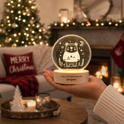 Custom Cute Winter Bear Mountain Sweater 3D Laser Engraved Crystal Ball with LED Wooden Standee, Personalized Name Holiday Night Light Keepsake