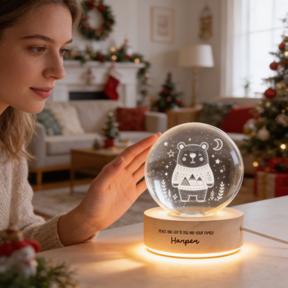 Custom Cute Winter Bear Mountain Sweater 3D Laser Engraved Crystal Ball with LED Wooden Standee, Personalized Name Holiday Night Light Keepsake