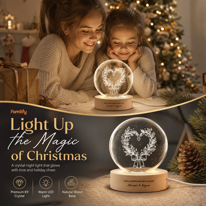 Custom Heart Wreath Ribbon Bow 3D Laser Engraved Crystal Ball with LED Wooden Standee, Personalized Name Holiday Night Light Keepsake