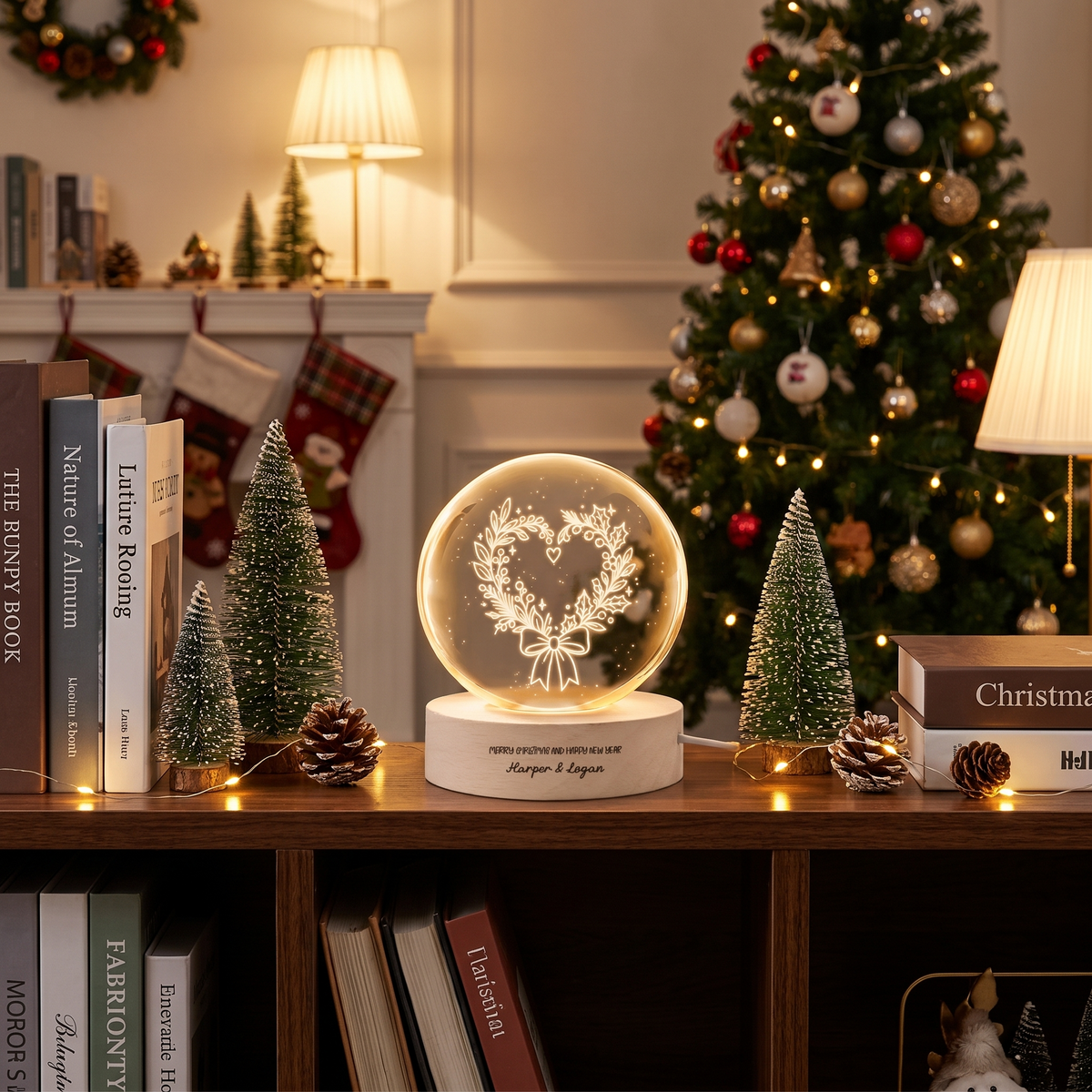 Custom Heart Wreath Ribbon Bow 3D Laser Engraved Crystal Ball with LED Wooden Standee, Personalized Name Holiday Night Light Keepsake