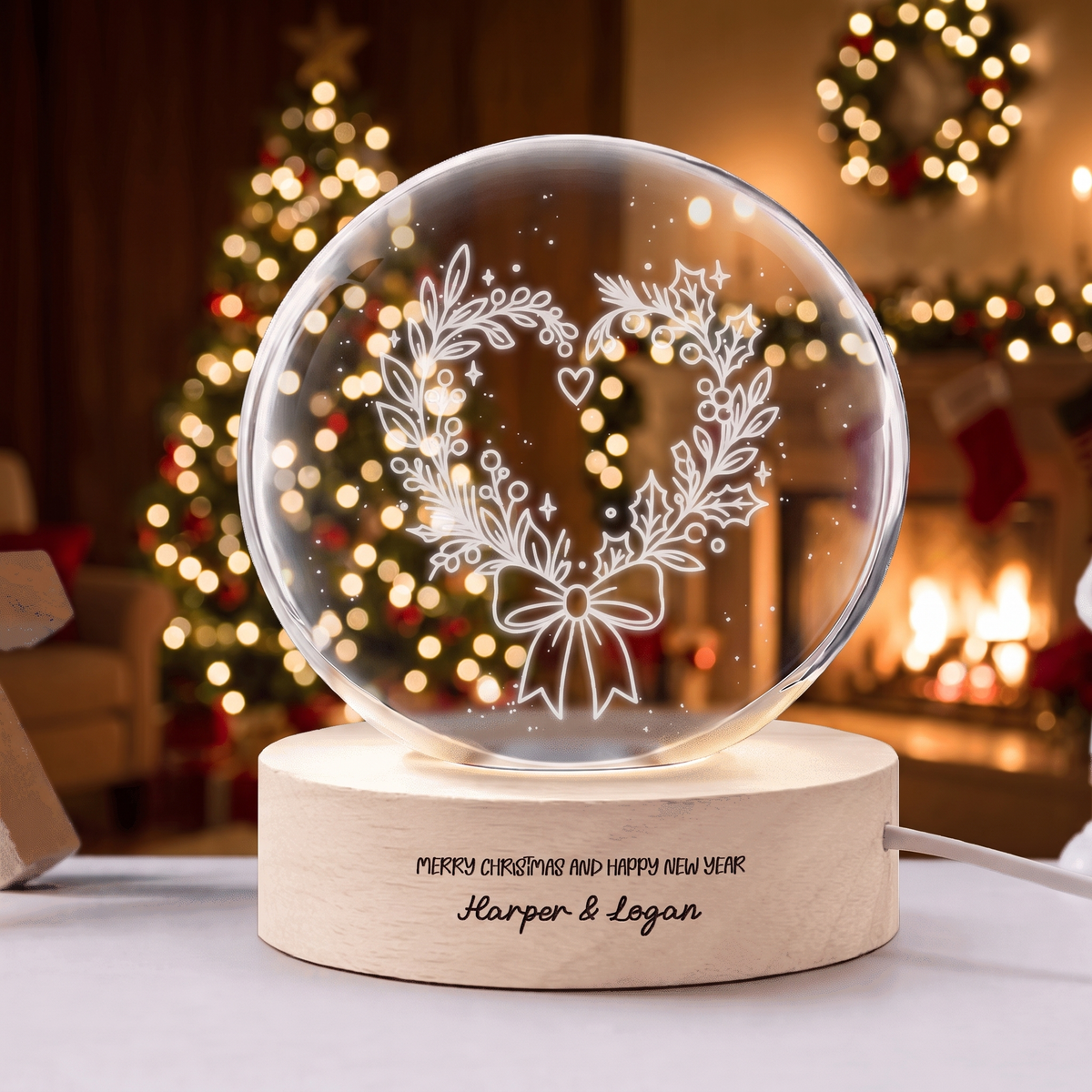 Custom Heart Wreath Ribbon Bow 3D Laser Engraved Crystal Ball with LED Wooden Standee, Personalized Name Holiday Night Light Keepsake