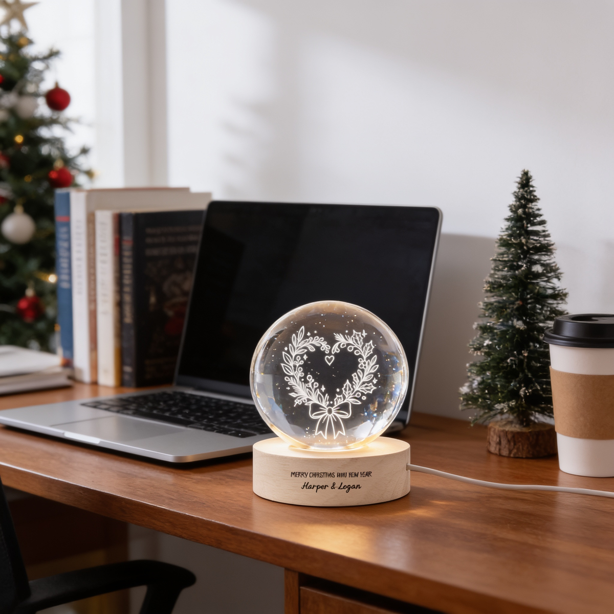 Custom Heart Wreath Ribbon Bow 3D Laser Engraved Crystal Ball with LED Wooden Standee, Personalized Name Holiday Night Light Keepsake