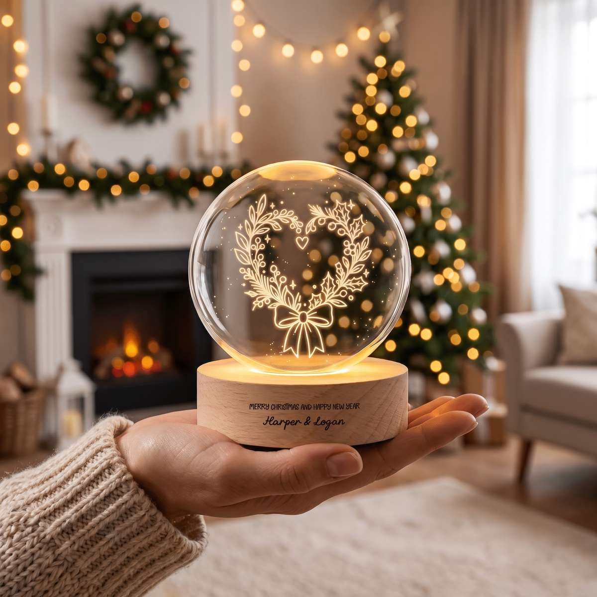 Custom Heart Wreath Ribbon Bow 3D Laser Engraved Crystal Ball with LED Wooden Standee, Personalized Name Holiday Night Light Keepsake