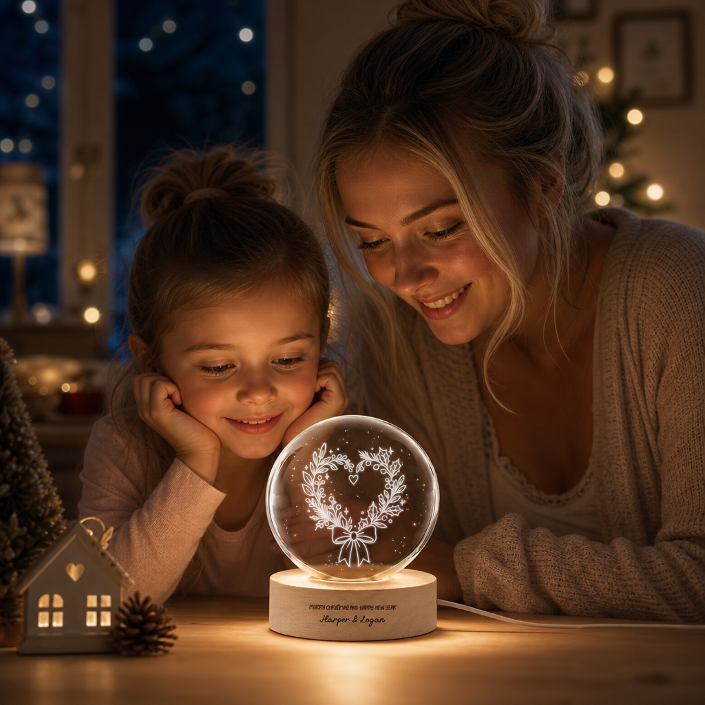 Custom Heart Wreath Ribbon Bow 3D Laser Engraved Crystal Ball with LED Wooden Standee, Personalized Name Holiday Night Light Keepsake
