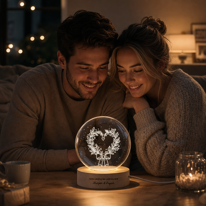 Custom Heart Wreath Ribbon Bow 3D Laser Engraved Crystal Ball with LED Wooden Standee, Personalized Name Holiday Night Light Keepsake