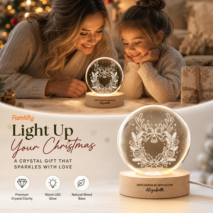 Custom Reindeer Antlers Wreath Jingle Bell 3D Laser Engraved Crystal Ball with LED Wooden Standee, Personalized Name Holiday Night Light Keepsake