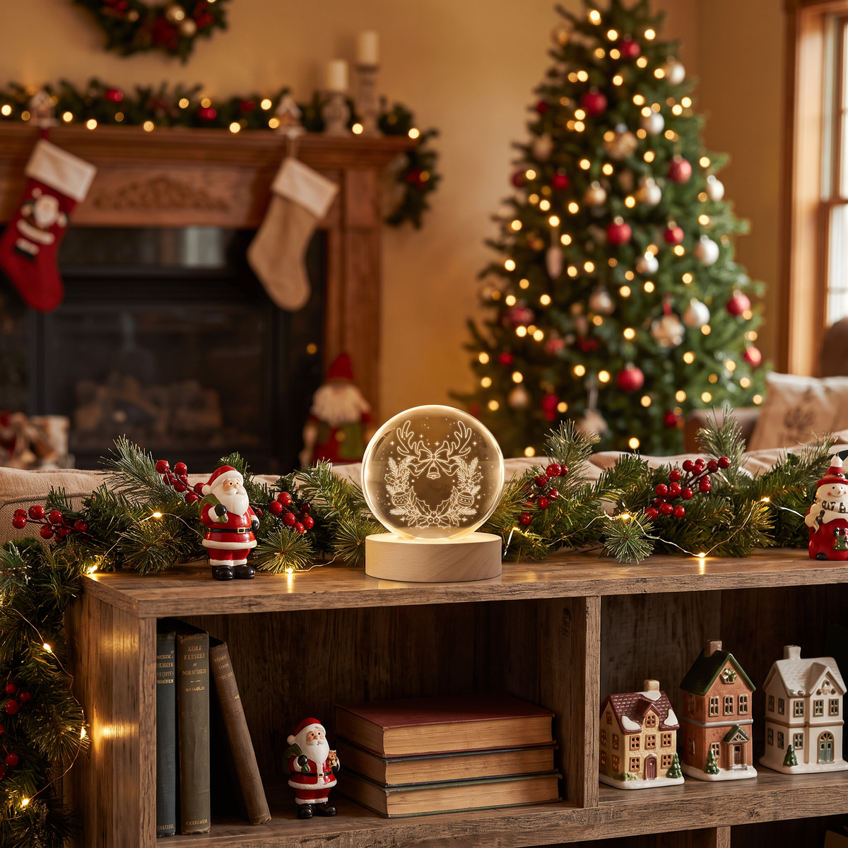 Custom Reindeer Antlers Wreath Jingle Bell 3D Laser Engraved Crystal Ball with LED Wooden Standee, Personalized Name Holiday Night Light Keepsake