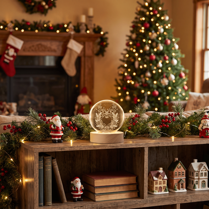 Custom Reindeer Antlers Wreath Jingle Bell 3D Laser Engraved Crystal Ball with LED Wooden Standee, Personalized Name Holiday Night Light Keepsake