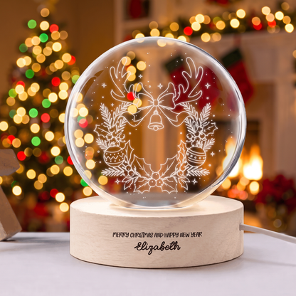 Custom Reindeer Antlers Wreath Jingle Bell 3D Laser Engraved Crystal Ball with LED Wooden Standee, Personalized Name Holiday Night Light Keepsake