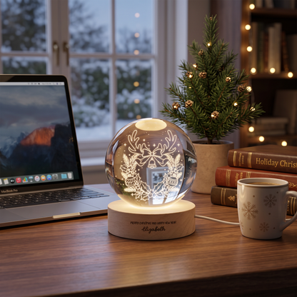 Custom Reindeer Antlers Wreath Jingle Bell 3D Laser Engraved Crystal Ball with LED Wooden Standee, Personalized Name Holiday Night Light Keepsake