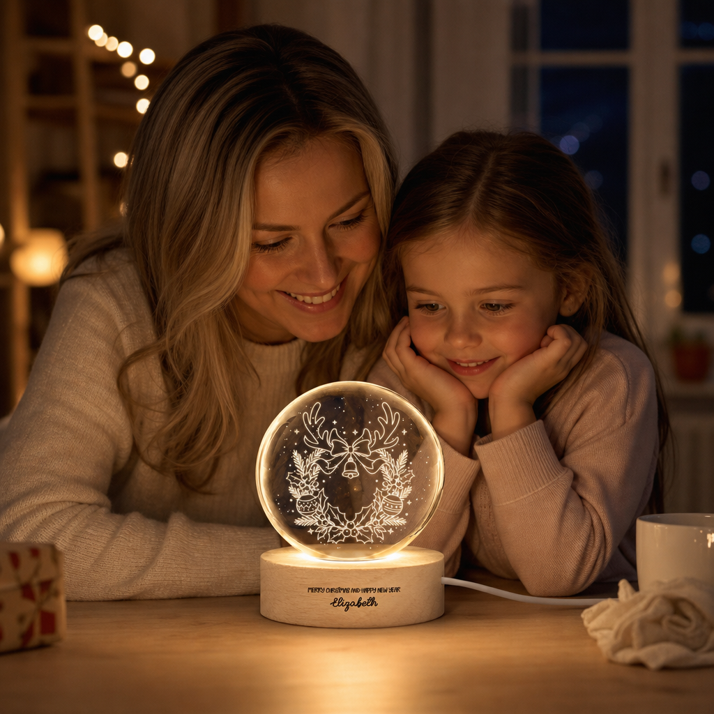 Custom Reindeer Antlers Wreath Jingle Bell 3D Laser Engraved Crystal Ball with LED Wooden Standee, Personalized Name Holiday Night Light Keepsake