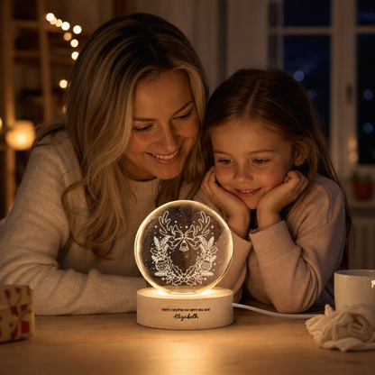 Custom Reindeer Antlers Wreath Jingle Bell 3D Laser Engraved Crystal Ball with LED Wooden Standee, Personalized Name Holiday Night Light Keepsake