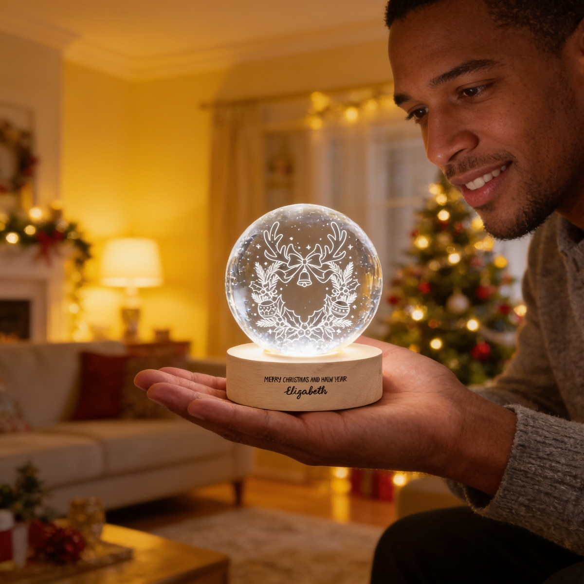 Custom Reindeer Antlers Wreath Jingle Bell 3D Laser Engraved Crystal Ball with LED Wooden Standee, Personalized Name Holiday Night Light Keepsake