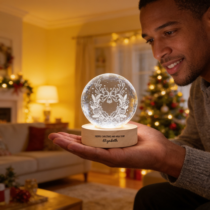 Custom Reindeer Antlers Wreath Jingle Bell 3D Laser Engraved Crystal Ball with LED Wooden Standee, Personalized Name Holiday Night Light Keepsake
