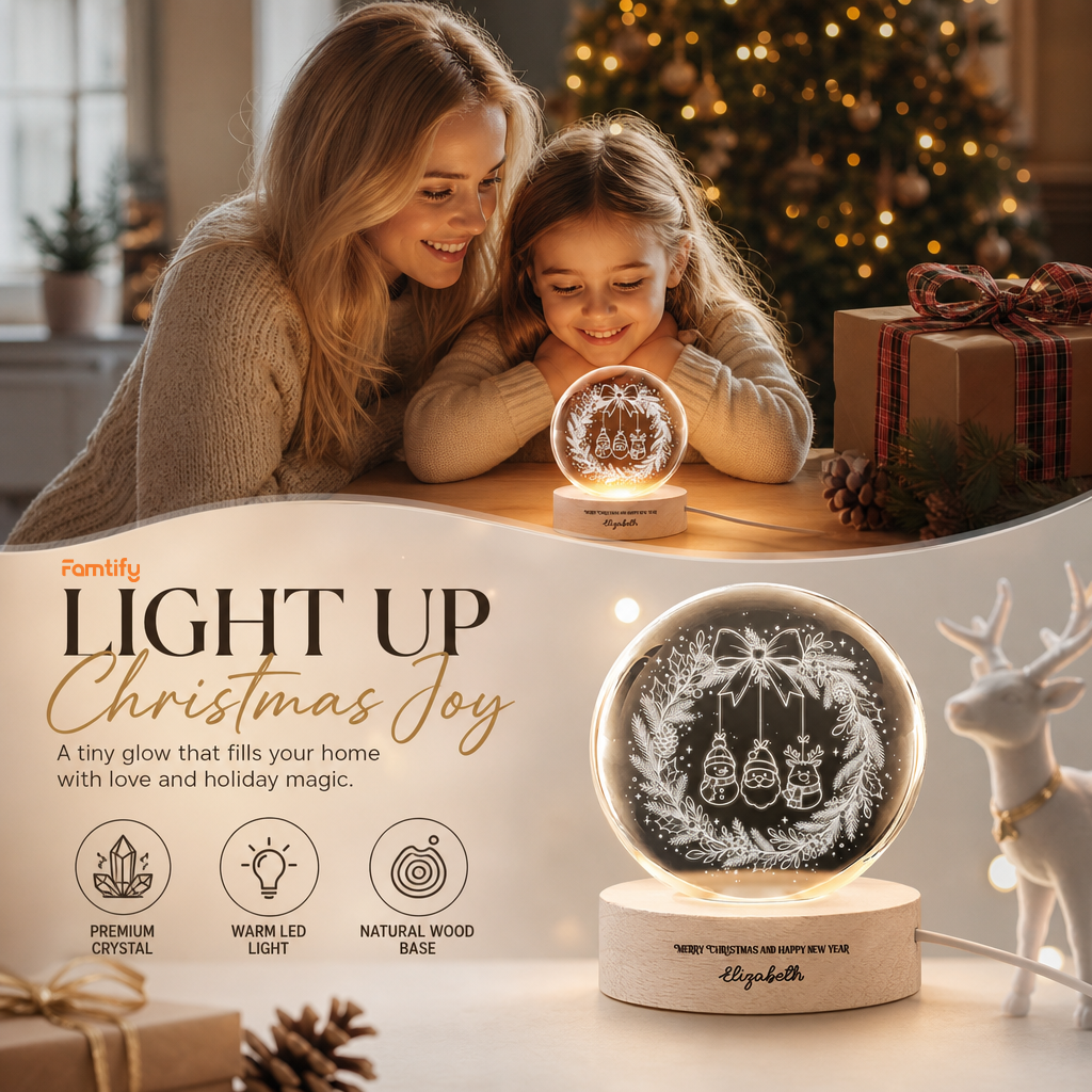 Custom Hanging Christmas Characters Ornament Wreath 3D Laser Engraved Crystal Ball with LED Wooden Standee, Personalized Name Holiday Night Light Keepsake