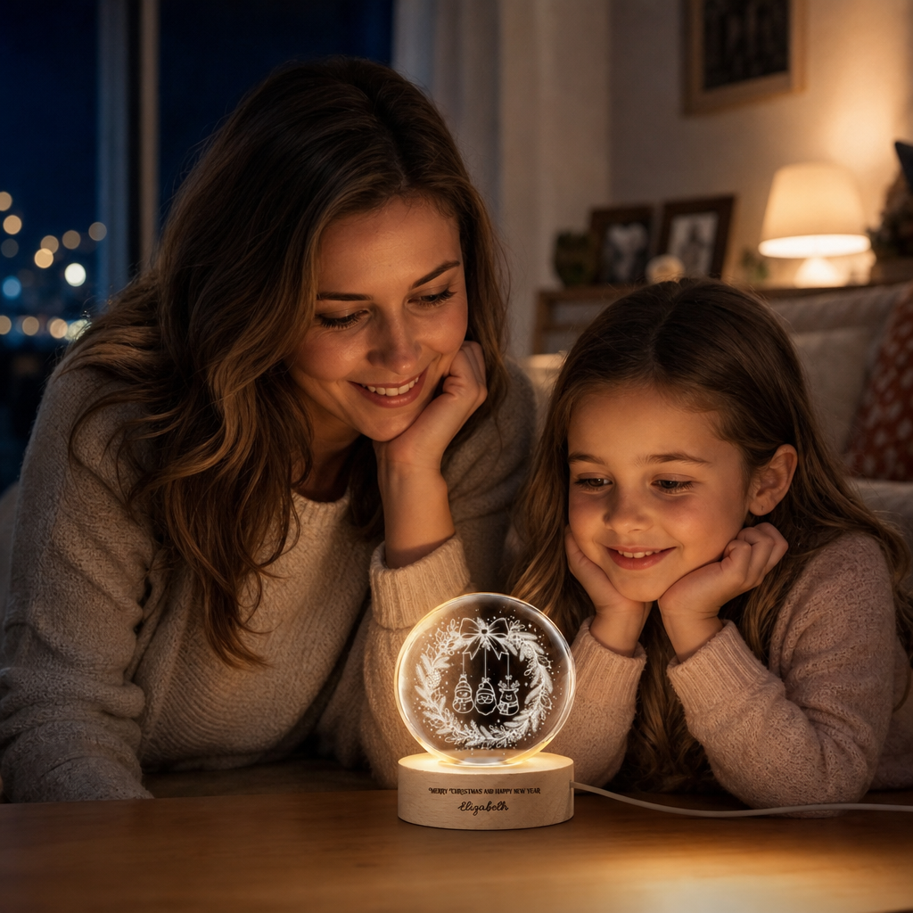 Custom Hanging Christmas Characters Ornament Wreath 3D Laser Engraved Crystal Ball with LED Wooden Standee, Personalized Name Holiday Night Light Keepsake