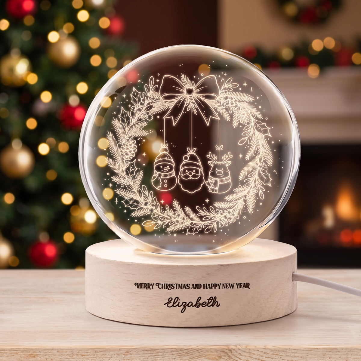 Custom Hanging Christmas Characters Ornament Wreath 3D Laser Engraved Crystal Ball with LED Wooden Standee, Personalized Name Holiday Night Light Keepsake