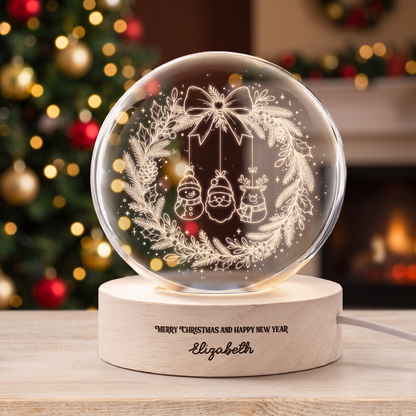 Custom Hanging Christmas Characters Ornament Wreath 3D Laser Engraved Crystal Ball with LED Wooden Standee, Personalized Name Holiday Night Light Keepsake