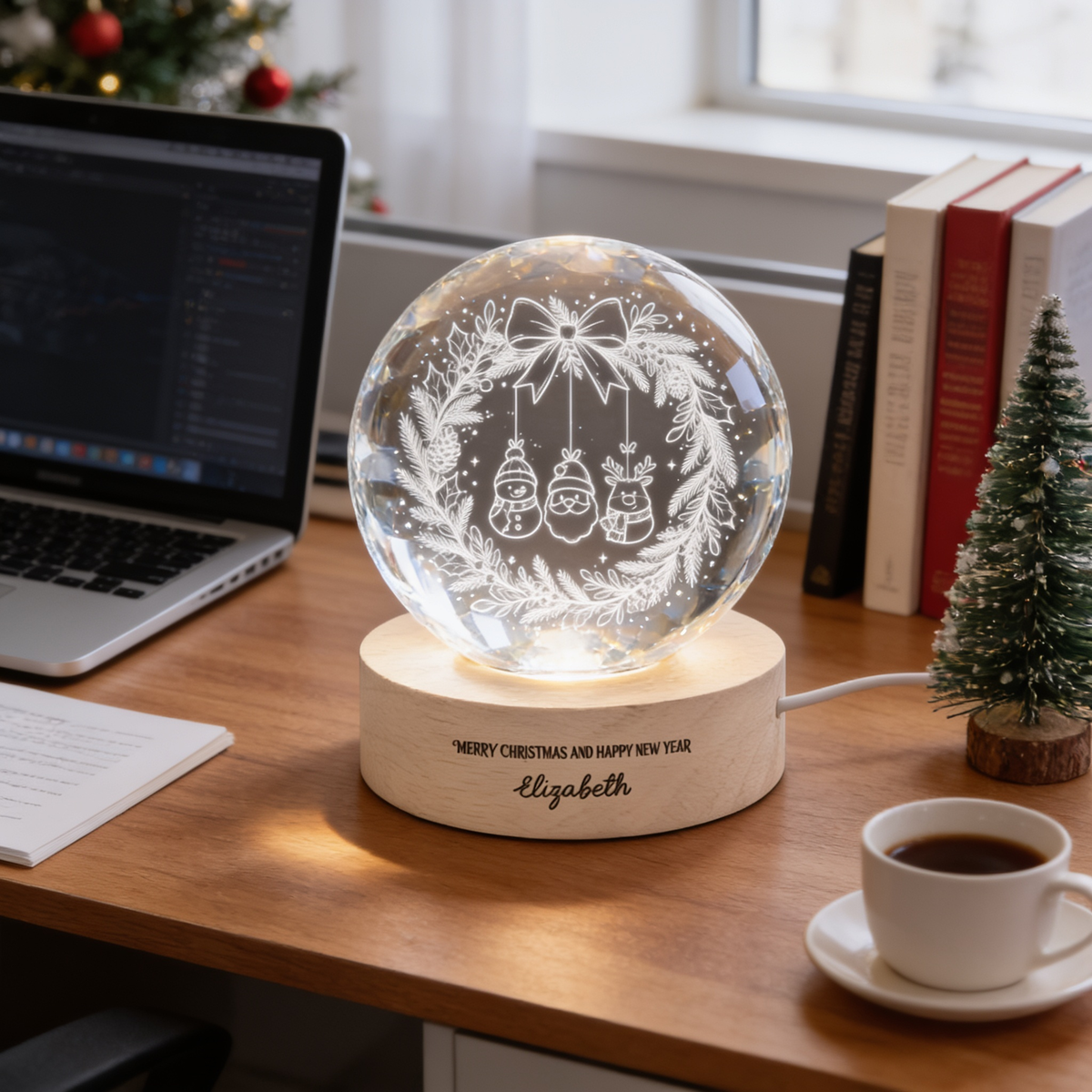 Custom Hanging Christmas Characters Ornament Wreath 3D Laser Engraved Crystal Ball with LED Wooden Standee, Personalized Name Holiday Night Light Keepsake