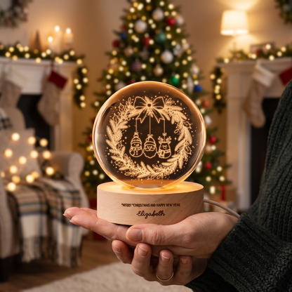 Custom Hanging Christmas Characters Ornament Wreath 3D Laser Engraved Crystal Ball with LED Wooden Standee, Personalized Name Holiday Night Light Keepsake