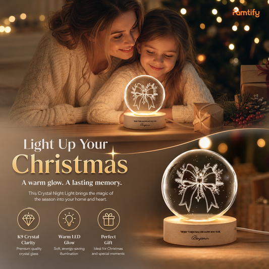 Light Up Your Christmas banner with the ribbon bow crystal night light and a mother and daughter