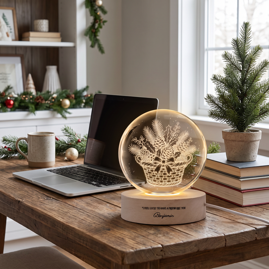 Pinecone basket crystal ball night light glowing on a rustic desk beside a laptop and potted pine
