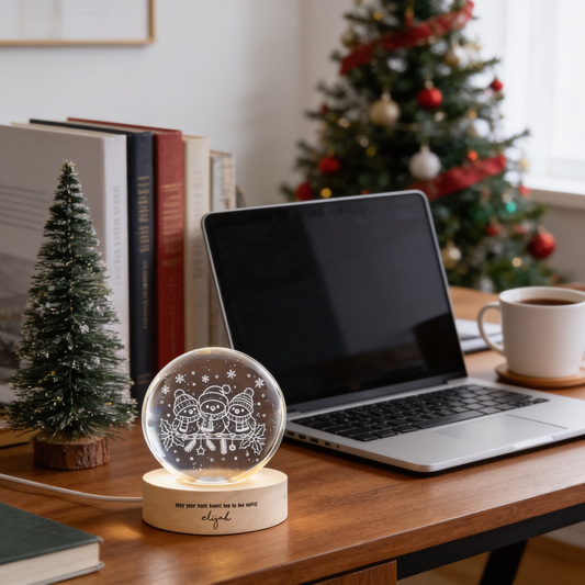 Winter birds crystal ball night light glowing on a desk next to a laptop, coffee mug and mini pine tree