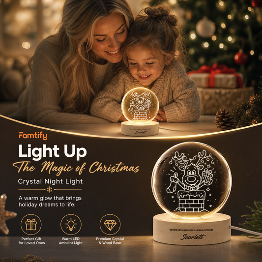Light Up the Magic of Christmas banner with the engraved reindeer crystal night light and a mother and daughter