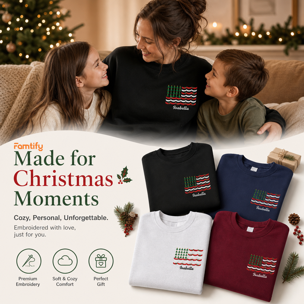 Personalized Christmas Tree American Flag Embroidered Sweatshirt | Custom Name Holiday Crewneck Gift