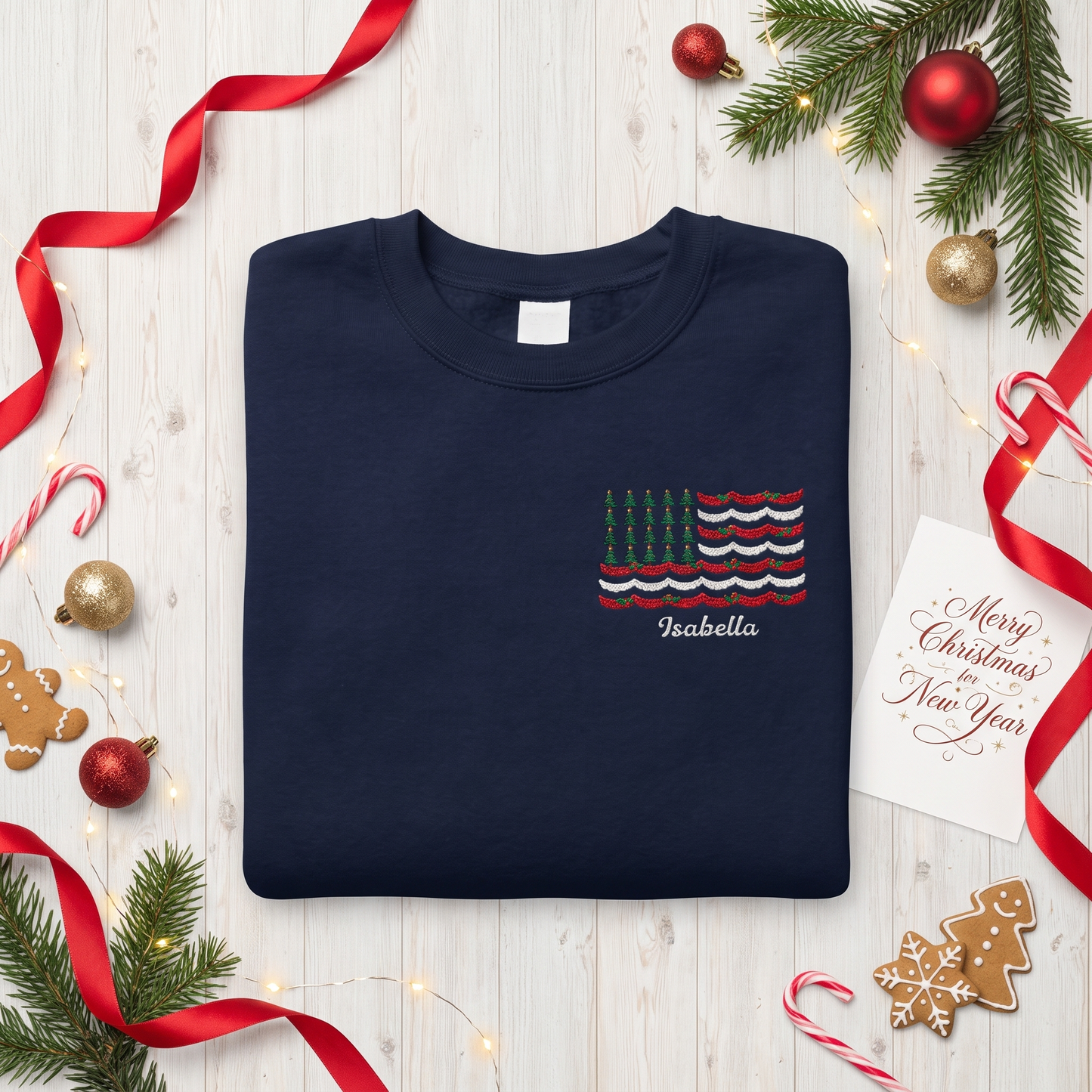 Personalized Christmas Tree American Flag Embroidered Sweatshirt | Custom Name Holiday Crewneck Gift