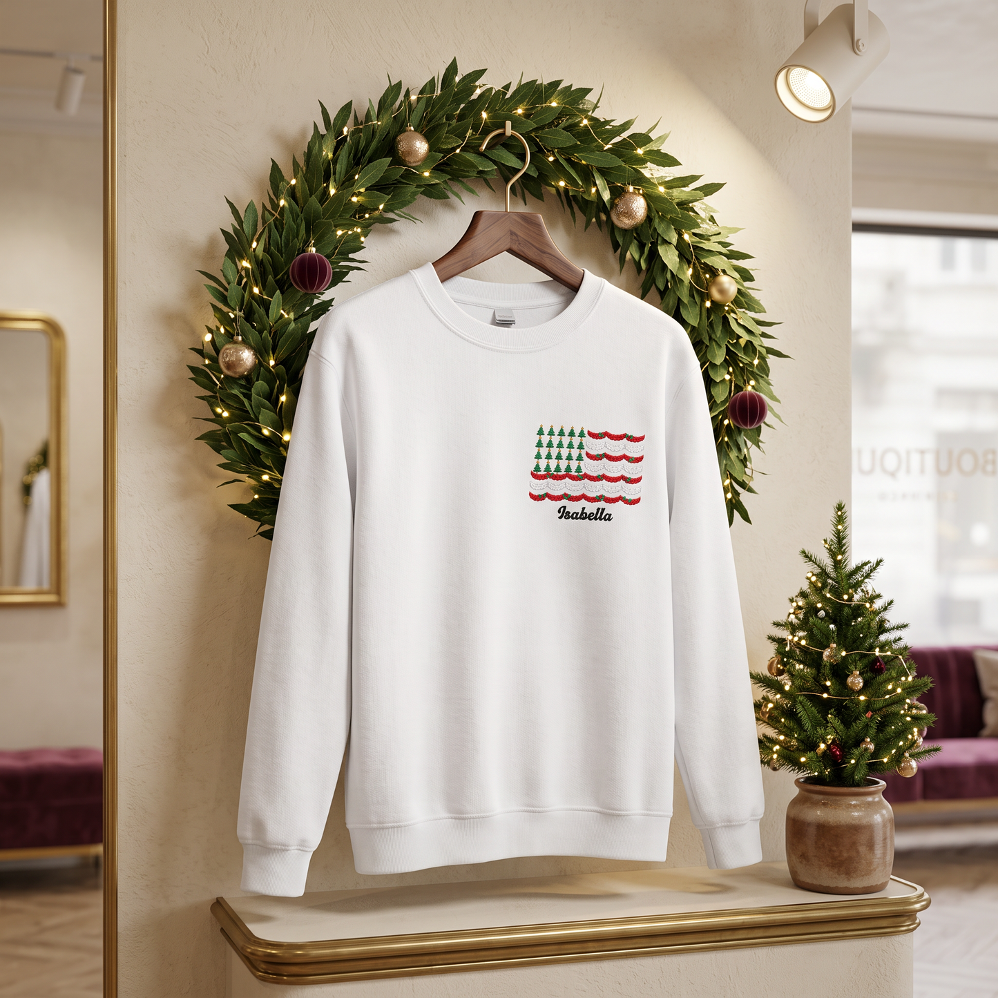 Personalized Christmas Tree American Flag Embroidered Sweatshirt | Custom Name Holiday Crewneck Gift