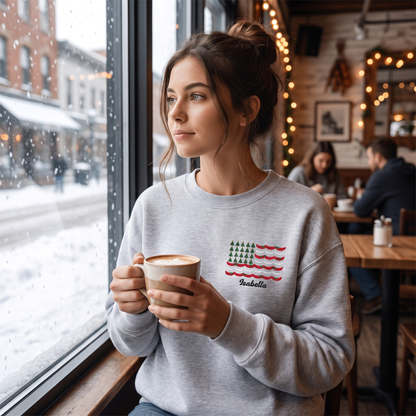 Personalized Christmas Tree American Flag Embroidered Sweatshirt | Custom Name Holiday Crewneck Gift