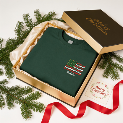 Personalized Christmas Tree American Flag Embroidered Sweatshirt | Custom Name Holiday Crewneck Gift