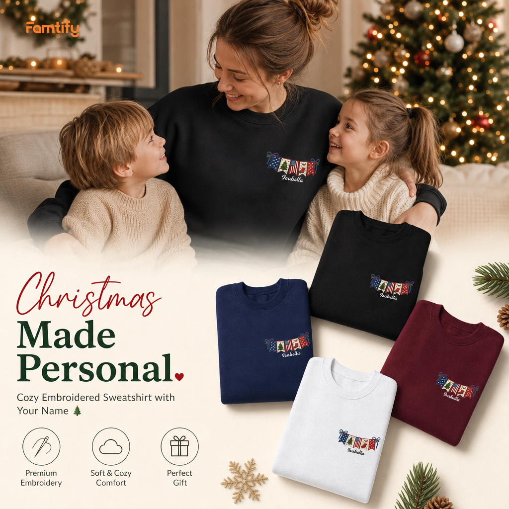 Personalized Christmas American Flag Banner Embroidered Sweatshirt | Custom Name Holiday Crewneck Gift