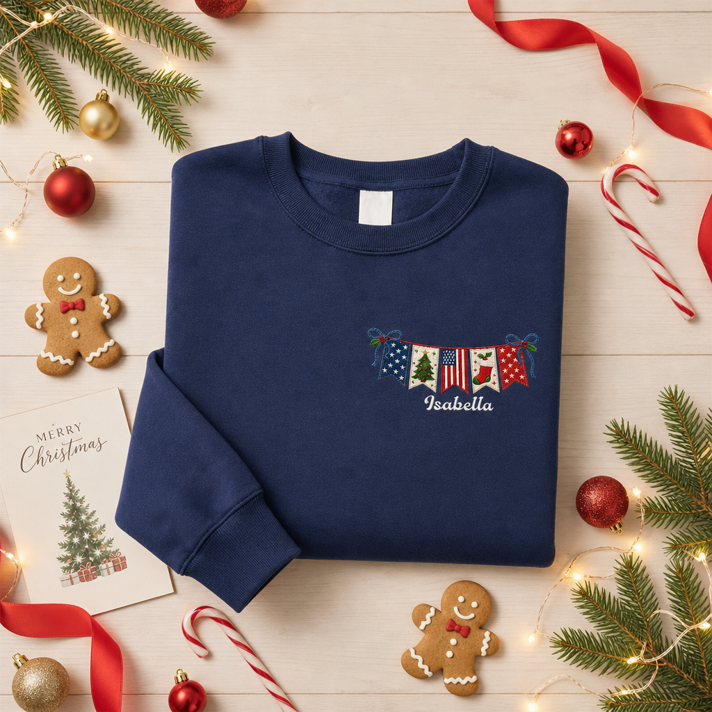 Personalized Christmas American Flag Banner Embroidered Sweatshirt | Custom Name Holiday Crewneck Gift