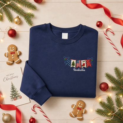 Personalized Christmas American Flag Banner Embroidered Sweatshirt | Custom Name Holiday Crewneck Gift