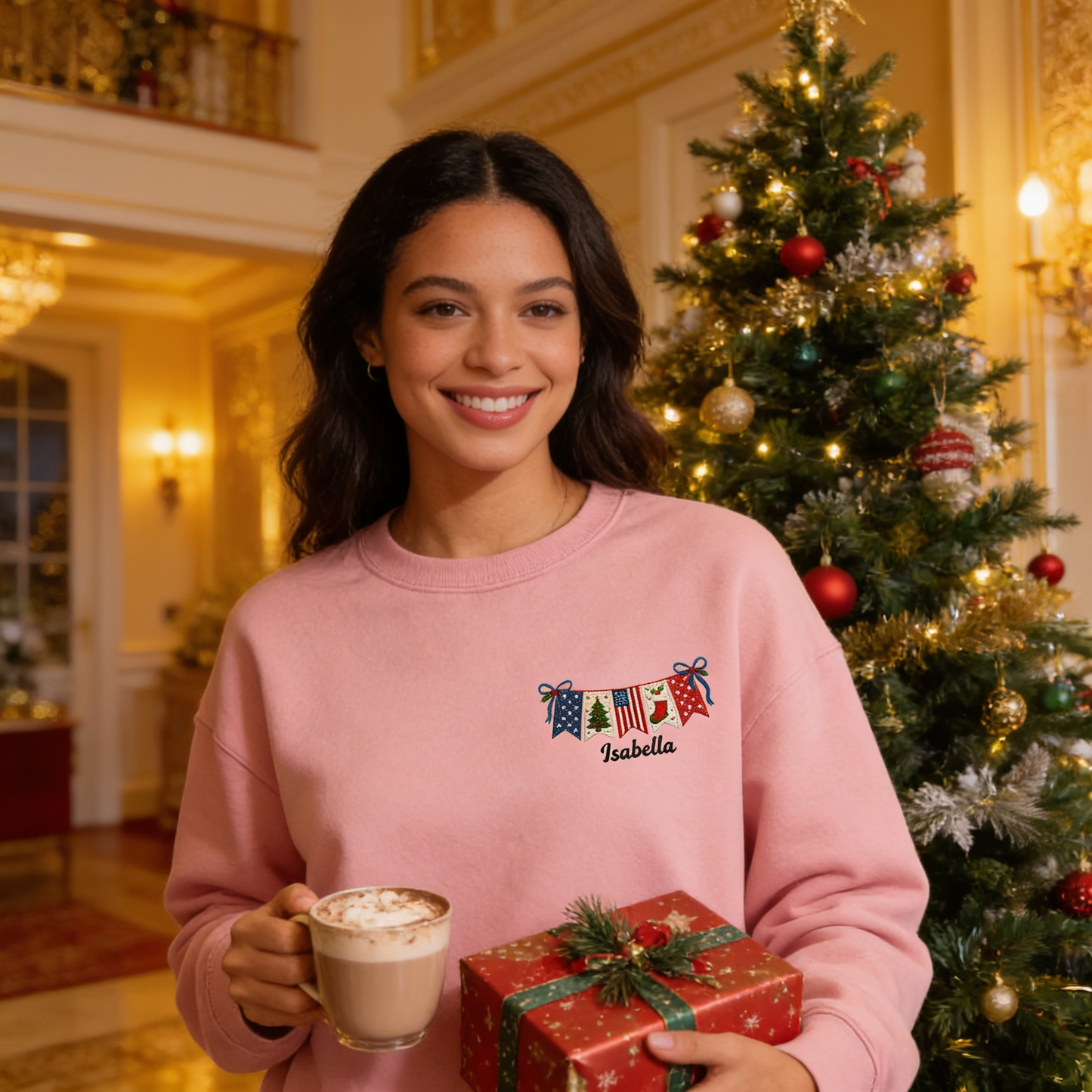Personalized Christmas American Flag Banner Embroidered Sweatshirt | Custom Name Holiday Crewneck Gift