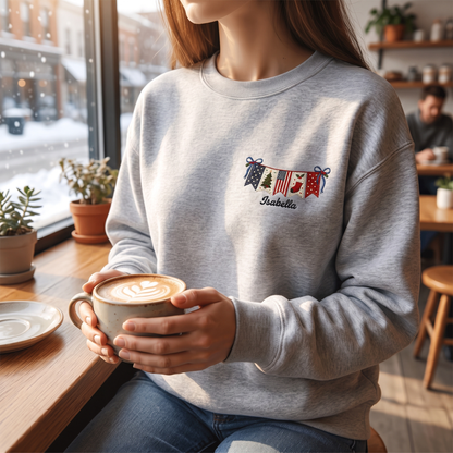Personalized Christmas American Flag Banner Embroidered Sweatshirt | Custom Name Holiday Crewneck Gift