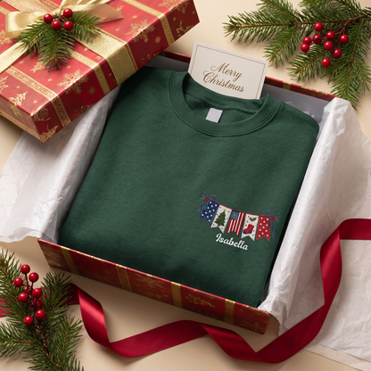 Personalized Christmas American Flag Banner Embroidered Sweatshirt | Custom Name Holiday Crewneck Gift