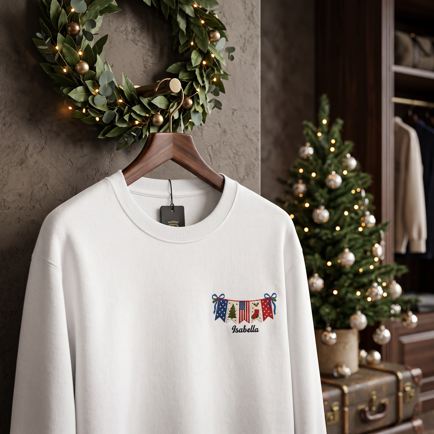 Personalized Christmas American Flag Banner Embroidered Sweatshirt | Custom Name Holiday Crewneck Gift
