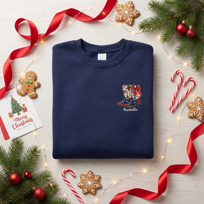 Personalized Patriotic Christmas Cowboy Boots Embroidered Sweatshirt | Custom Name Holiday Crewneck Gift
