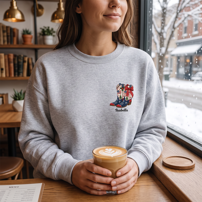 Personalized Patriotic Christmas Cowboy Boots Embroidered Sweatshirt | Custom Name Holiday Crewneck Gift